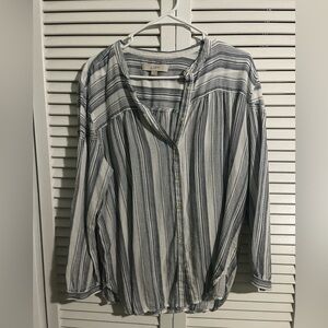 LOFT Women's Navy and White Striped Button-Down Shirt